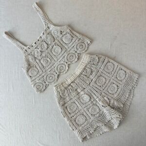 Rebellion Again Women Crochet 2 Piece Set Crop Top Shorts Beige Boho Medium